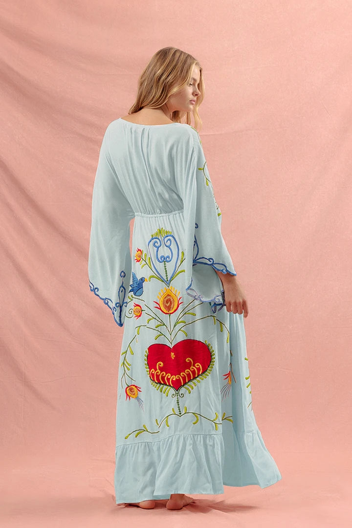 Kaftans - Jastie Embroidered Women Maxi Dress V-Neck Batwing Sleeve Loose Oversize Summer Dresses Drawstring Waist Boho Beach Vestidos