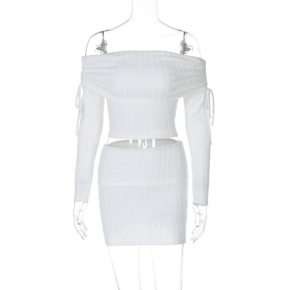 Matching Sets - Dulzura Ribbed Sexy Elegant 2 Piece Skirt Set Off Shoulder Long Sleeve Lace Up Top Mini Skirt Matching Set Party Club Streetwear