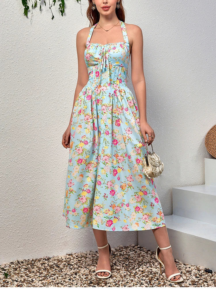 Floral Dresses - Women's Halter Backless Print Floral Midi Corset Dress Spaghetti Straps Tie Up Fashion Casual Holiday Long Dresses Pink