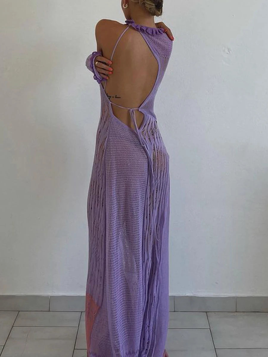 Beach Dresses - Contrast Color Hollow-Out Knit Beach Long Dress 2023 Summer See-Through One-Shoulder Long Sleeve Halter Tie-up Cover-Ups Dress