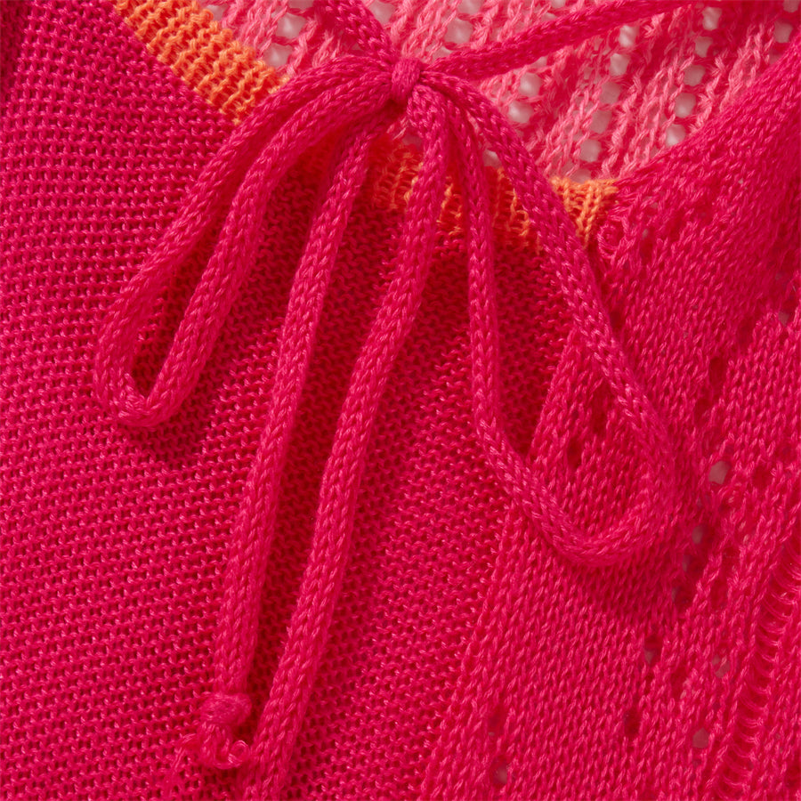 Beach Dresses - Contrast Color Hollow-Out Knit Beach Long Dress 2023 Summer See-Through One-Shoulder Long Sleeve Halter Tie-up Cover-Ups Dress