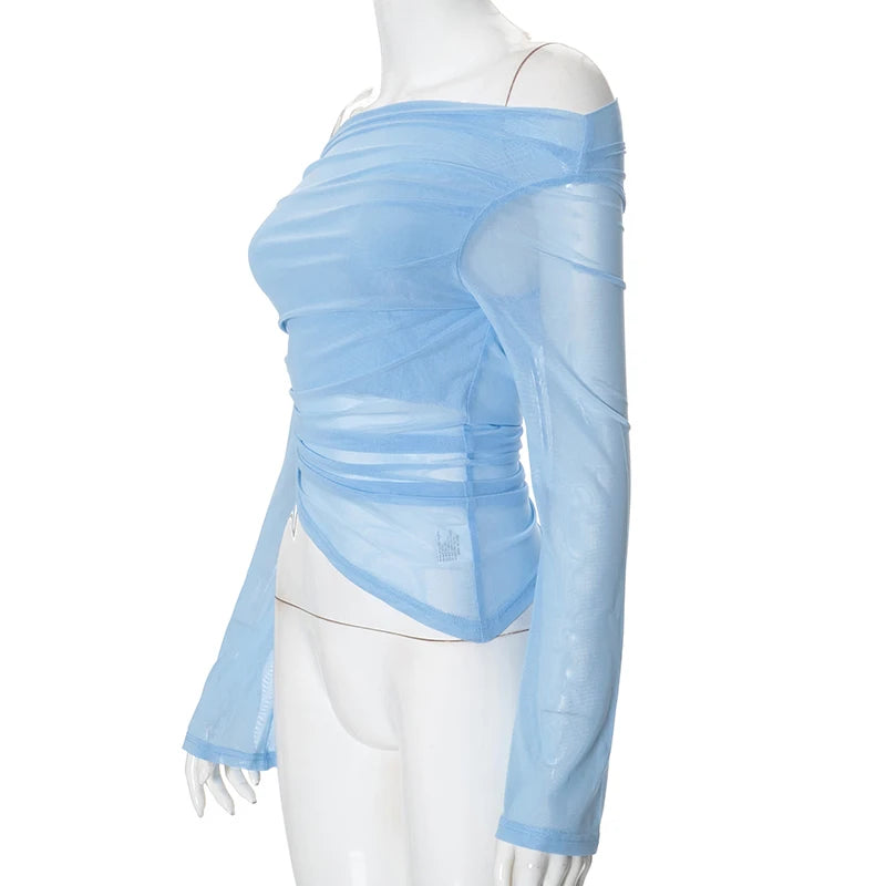 Mesh Tops - Solid Color Long-Sleeve One-Shoulder Sexy Mesh Top See Through Shrunk Pleated Sexy Women T Shirt Casaul Wear Autumn