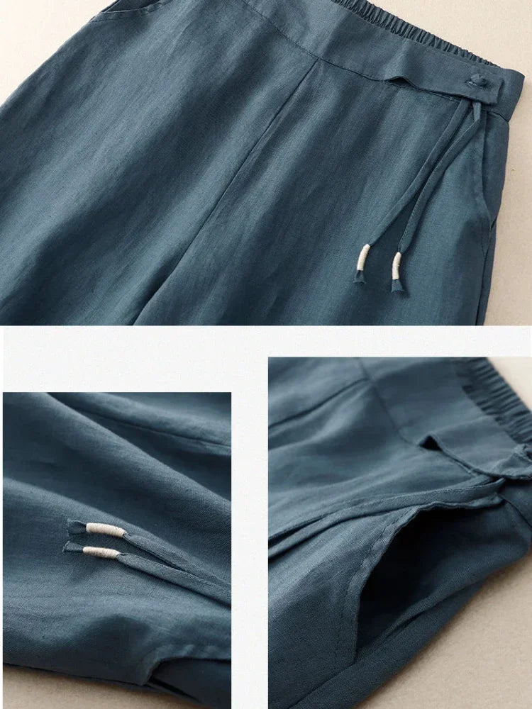 Pants - Summer Wide Leg Pants Women Elastic High Waist Cotton and Linen Casual Pants Loose Straight Yellow Women's Pants