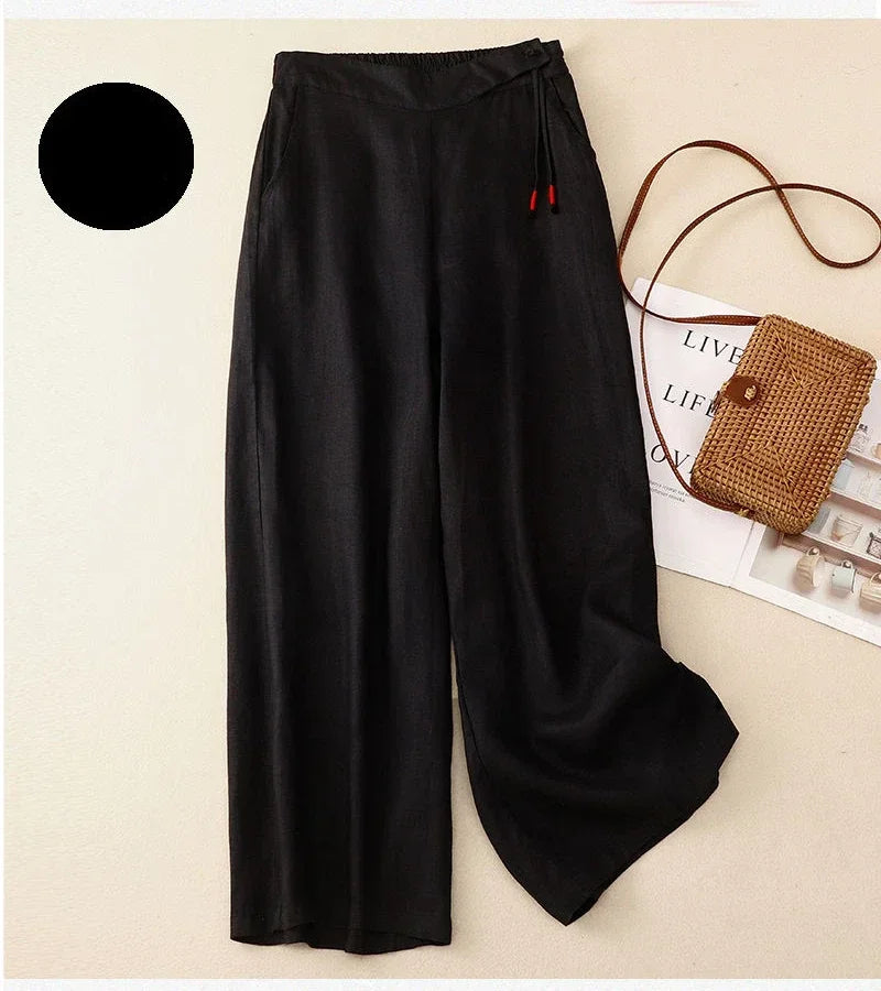 Pants - Summer Wide Leg Pants Women Elastic High Waist Cotton and Linen Casual Pants Loose Straight Yellow Women's Pants