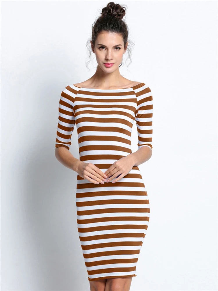 Bodycon dresses - Spring Summer Dresses Woman Size Dresses For Women Casual Stripe Print Off The Shoulder Half Long Sleeve Long Dress Robe Femme