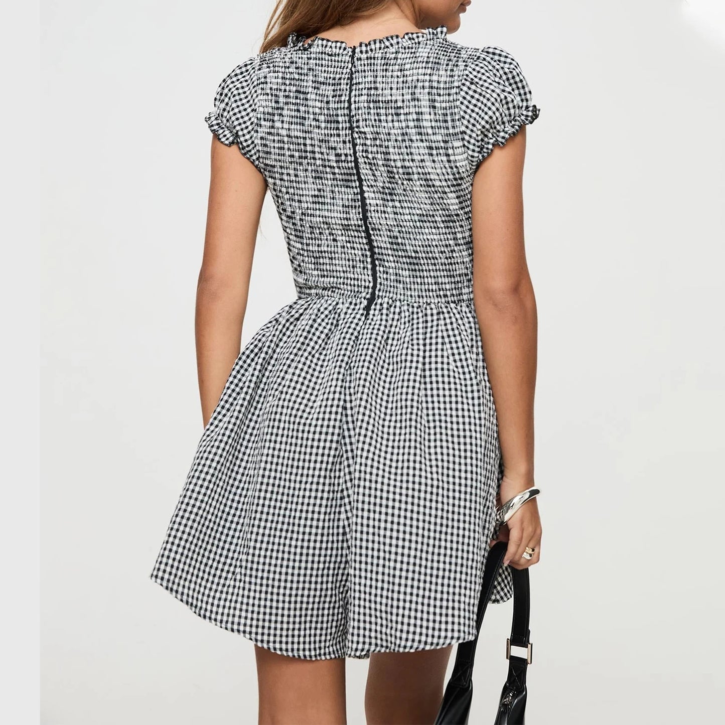 Casual Dresses - Women Y2k Gingham Playsuit Short Sleeve Smocked Babydoll Bodysuit Rompers Flowy A-Line Club Dress Retro Streetwear