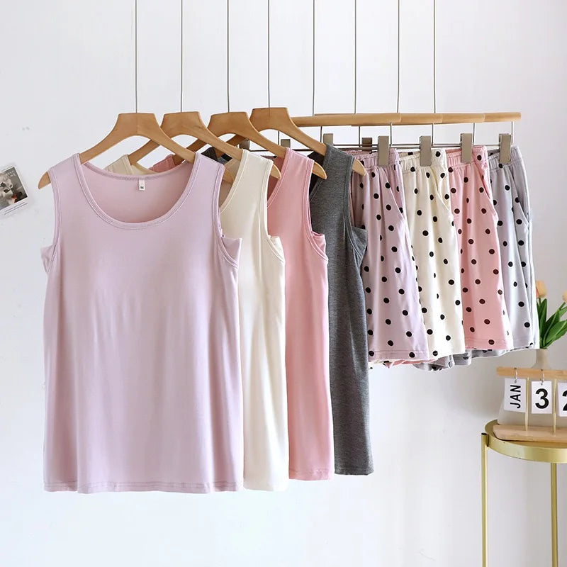 Pajamas - 2025 New Summer Women's Pajamas Set Sleeveless Short Pants Home Clothes Student Can Wear Out Sleepwear With Chest Cushion