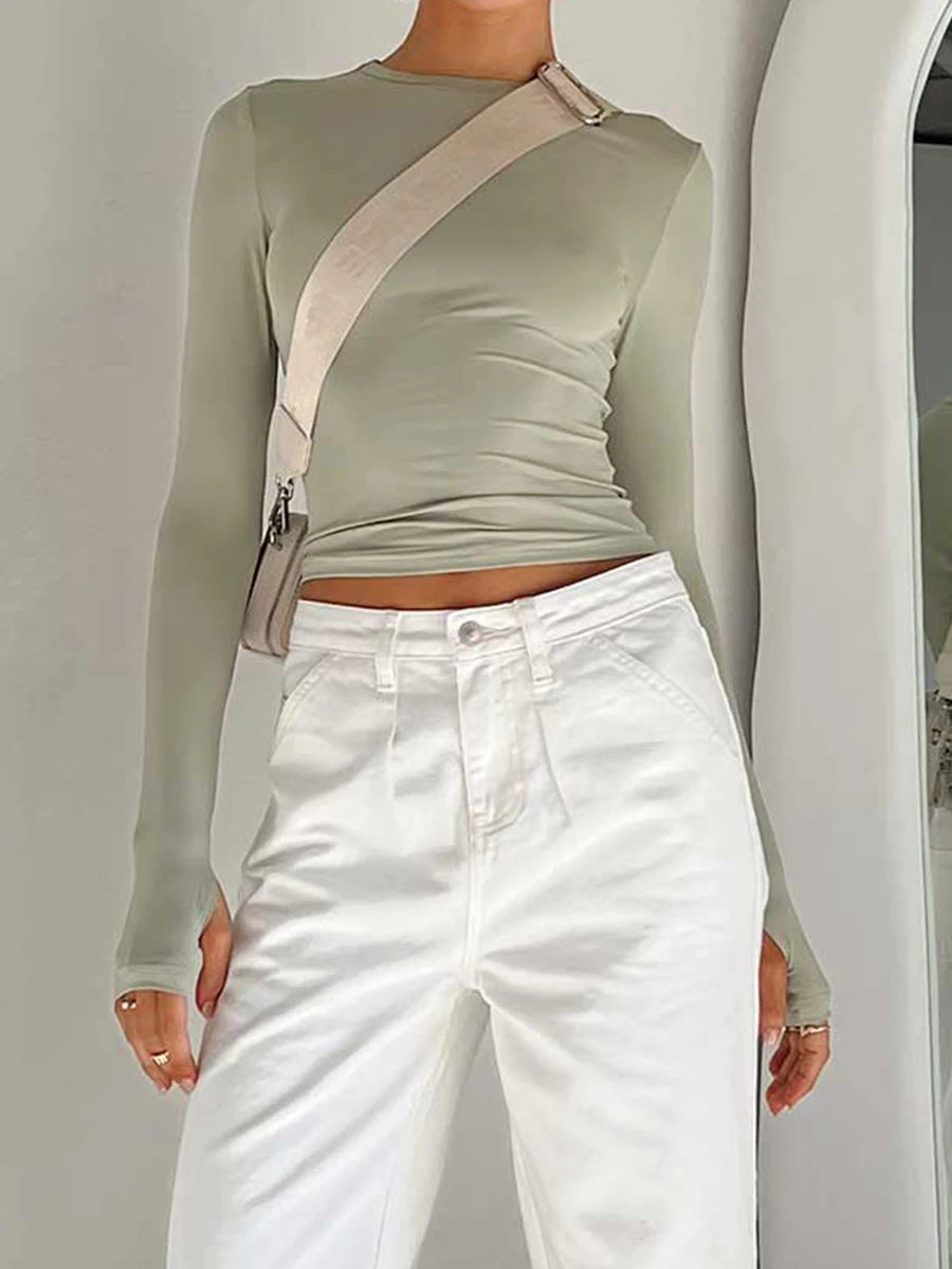 Tees - Fashion Women Basic T-shirt with Thumb Holes Long Sleeve Crew Neck Solid Slim Fit Basic Crop Top Streetwear