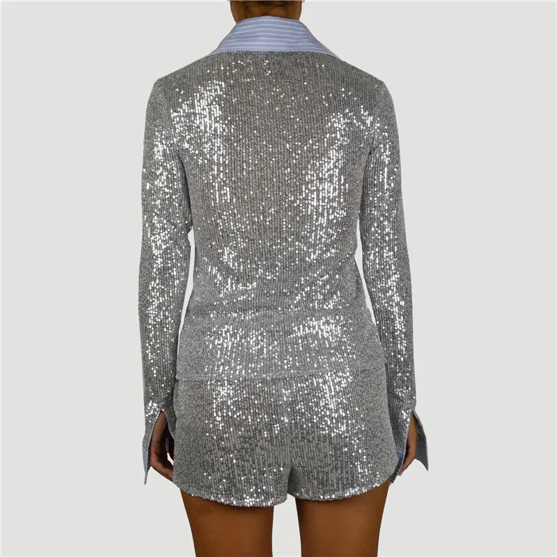 Shorts Sets - Silver Glitter Shorts Sets Women Contrast Color Single-breasted Shirt And Shorts Sparkle Two Piece Set Shorts Sets