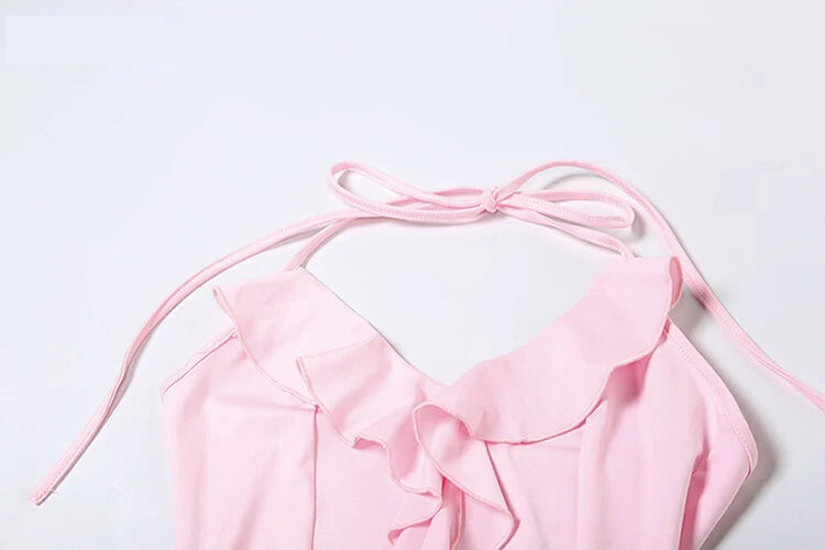 Party Dresses - Halter Ruffles V-Neck Dress Women Backless Elegant Sexy Summer Fashion V-Neck Solid Birthday Party Clubwear Mini Bodycon