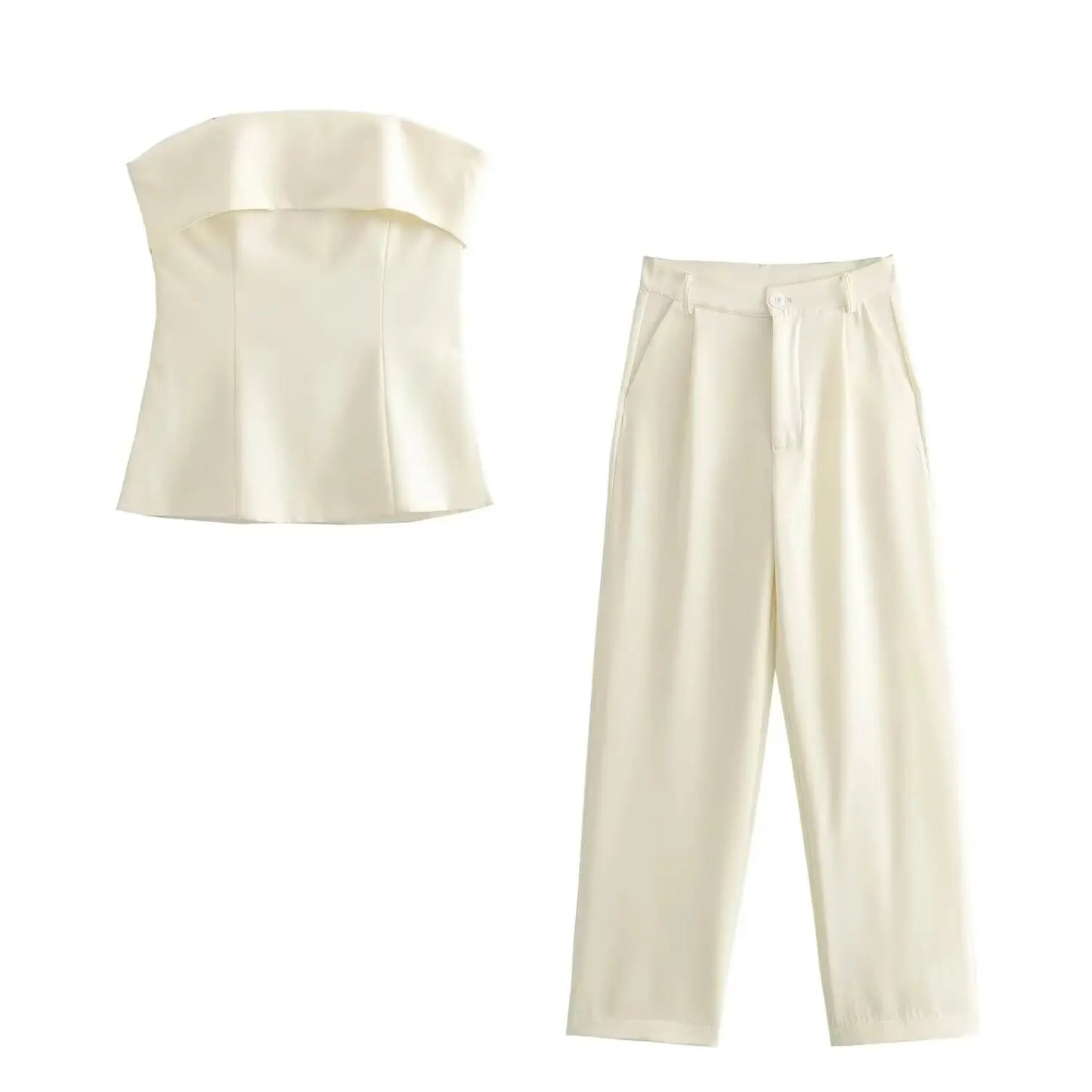 Matching Sets - Spring SummerWomen Casual Solid Suits Strapless Zipper Slim Vests+High Waist Zipper Pants Fashion Women Vintage Suit