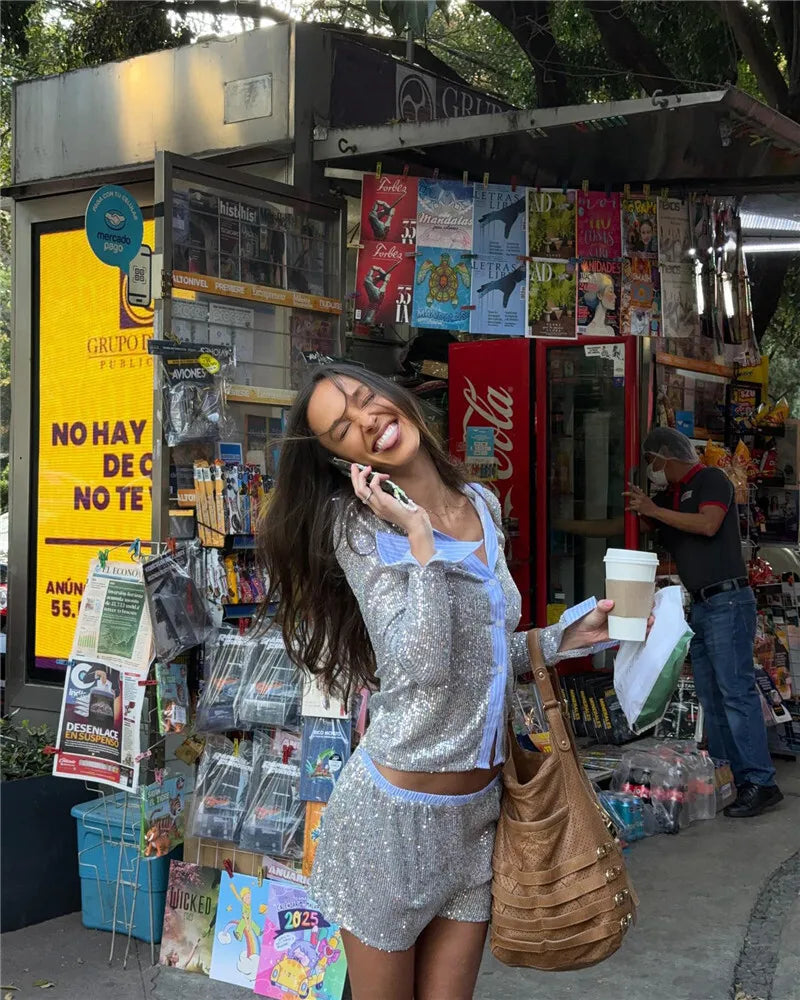 Shorts Sets - Silver Glitter Shorts Sets Women Contrast Color Single-breasted Shirt And Shorts Sparkle Two Piece Set Shorts Sets