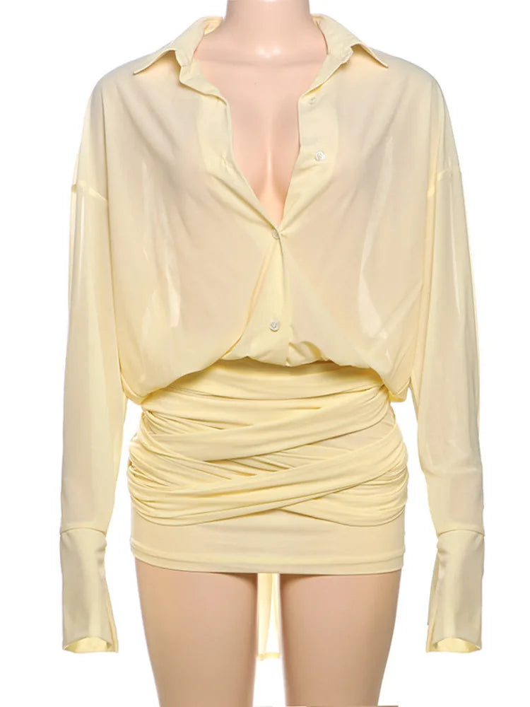 Blouson Dresses - Sexy Long Sleeve Turn-down Colla Bag Hip Strap Shirt Dress For Women See Through Patchwork High Waist Dress Streetwear