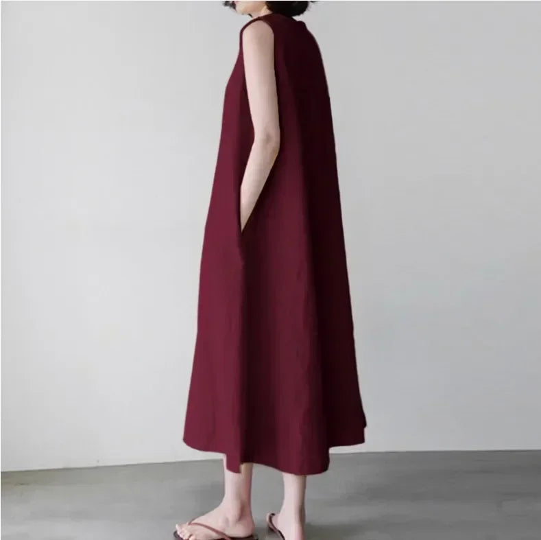 Casual Dresses - Summer Women Dress Cotton Linen Tank O-neck Sleeveless White Dresses Female New Elegant Casual Loose Korean Clothes Ladies