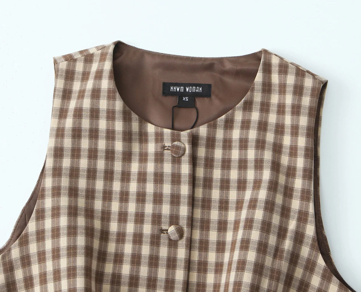 Skirts set - TRAFZA Women 2 Piece Set Elegant Plaid O-Neck Single Breasted Pocket Decorate Vest Top+Chic Zipper Pleated Slim Mini Culottes