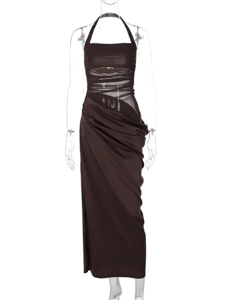 Elegant Dresses - Mesh Patchwork Backless Sexy Maxi Dress For Women Gown Fashion Halter Sleeveless Strapless Bodycon Club Long Dress