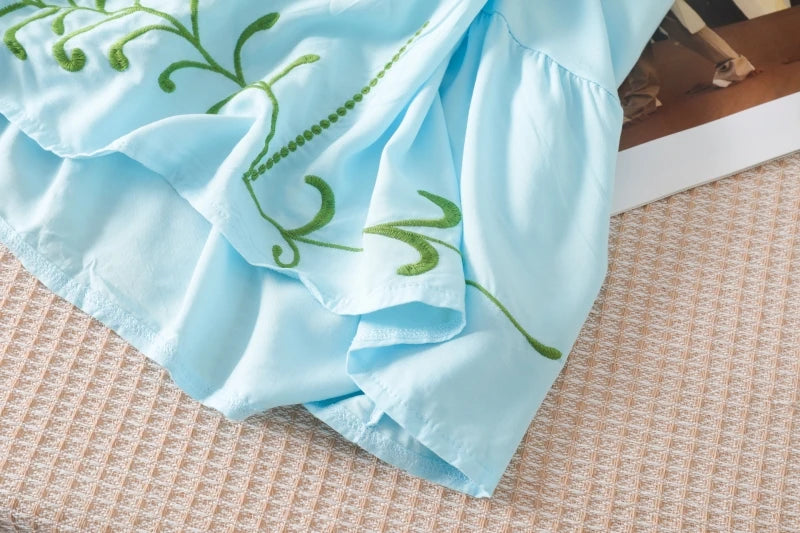 Kaftans - Jastie Embroidered Women Maxi Dress V-Neck Batwing Sleeve Loose Oversize Summer Dresses Drawstring Waist Boho Beach Vestidos