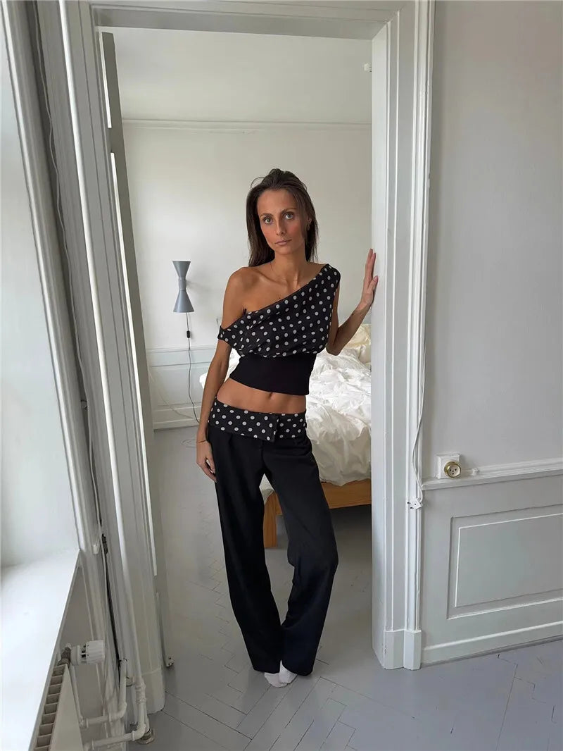 Crop Blouses - Backless Polka Dot Crop Tops Women Vest Fashion Summer New Oblique Shoulder Sleeveless Tank Tops Pullovers Female