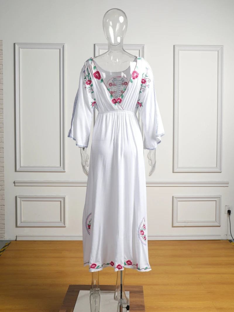 Kaftans - Jastie Embroidered Women Maxi Dress V-Neck Batwing Sleeve Loose Oversize Summer Dresses Drawstring Waist Boho Beach Vestidos