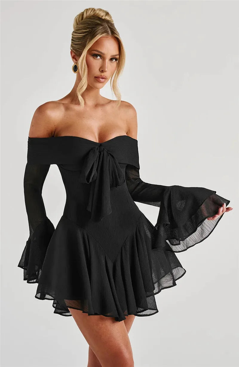 Party Dresses - Strapless Long Flare Sleeve Sexy Mini Dress For Women Robe Off-shoulder Backless High Waist A-line Club Party Dress