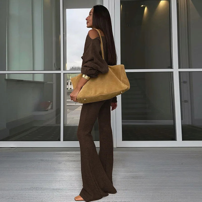 Elegant Fashion Outfits Two Piece Sets Asymmetrical Top and Flare Pant Casual Women Matching Sets Loungewear