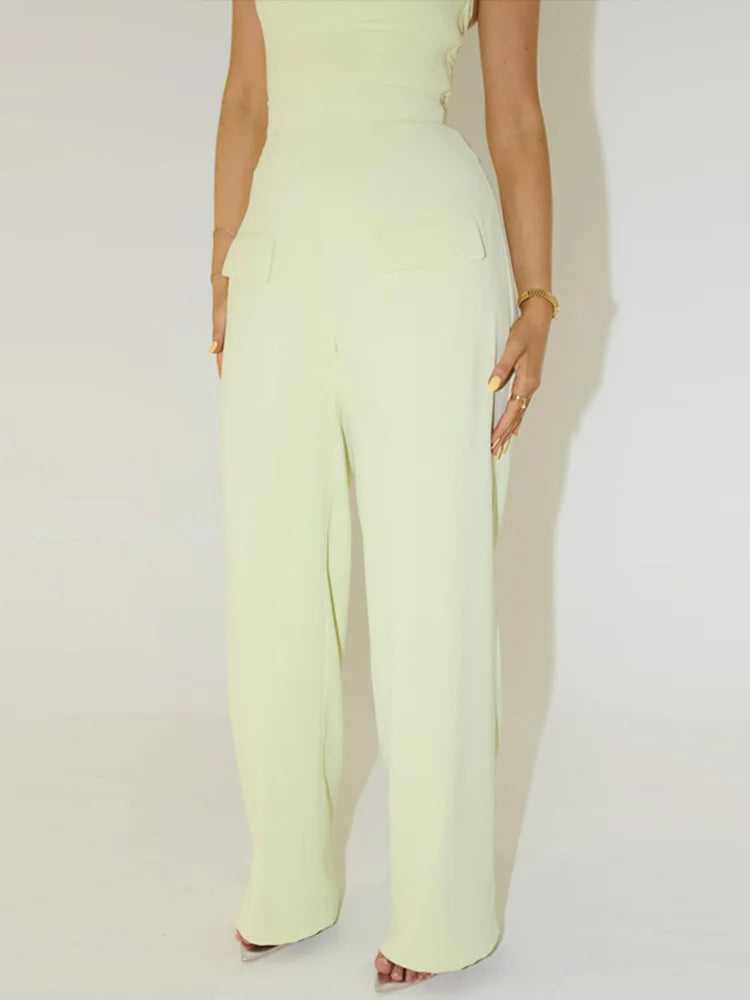 Pants Sets - Solid Square Collar Halter Vest Pants Sets Women Slim Backless Sleeveless Tops High Waist Wide Leg Pant 2025 Lady Office Outfit