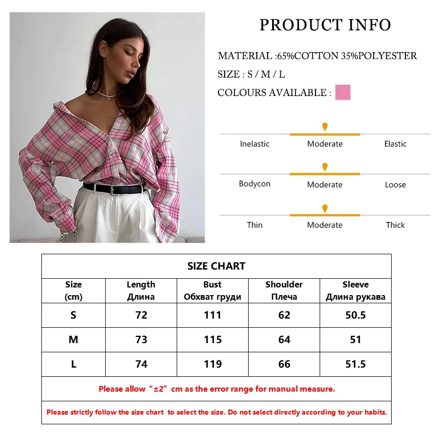 Shirts - Fashion Loose Plaid Office Women's Shirt Vintage Lapel Long Sleeve Shirts Elegant Classic Blouse Top Female Clothing