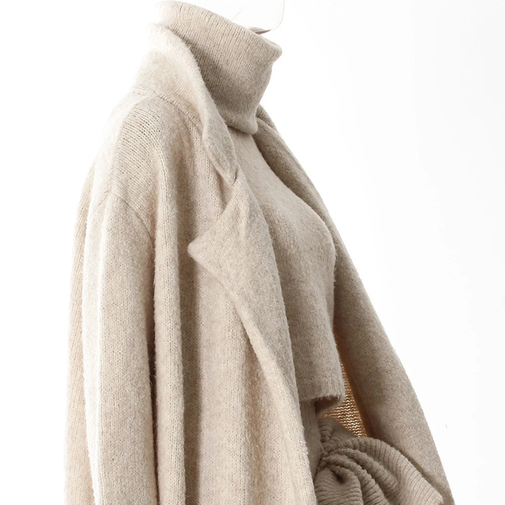 Knitwear - TWOTWINSTYLE Three Piece Set For Women Lapel Long Sleeve Coat High Neck Vest High Waist Patchwork Appliques Skirt Sets Female