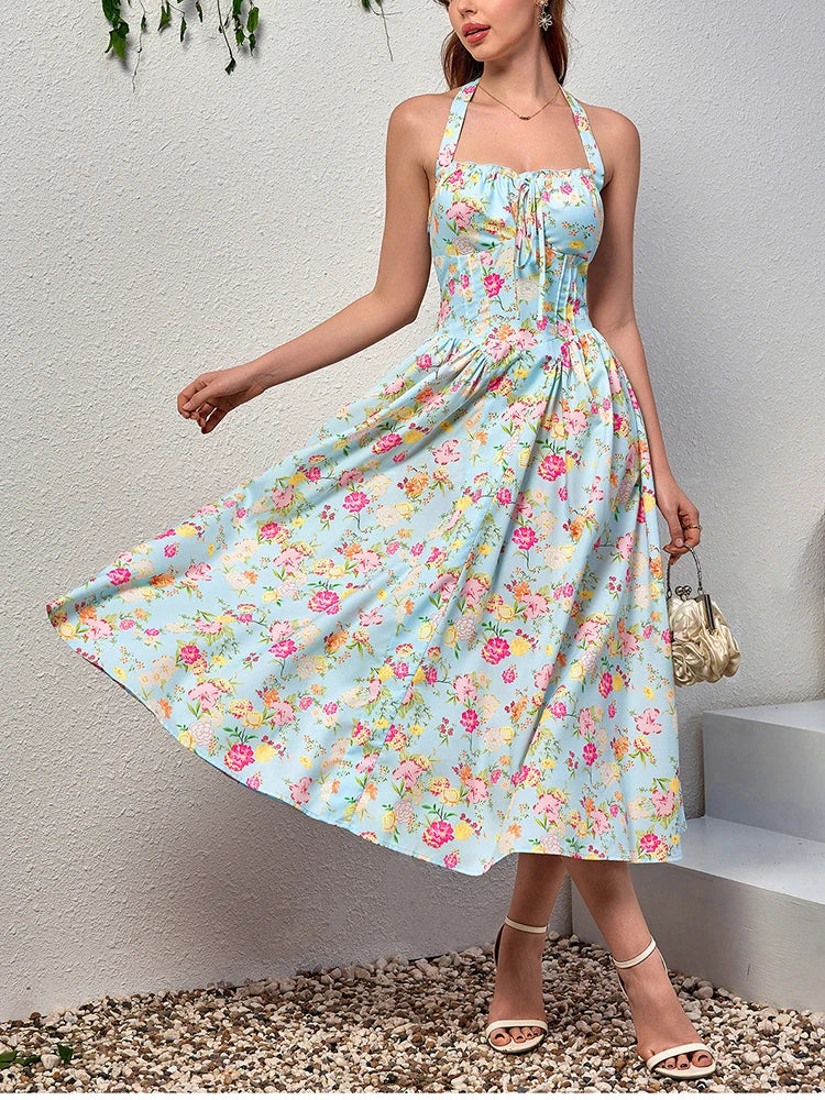 Floral Dresses - Women's Halter Backless Print Floral Midi Corset Dress Spaghetti Straps Tie Up Fashion Casual Holiday Long Dresses Pink