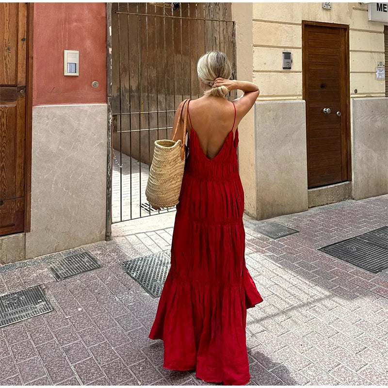 - Elegant Suspender Maxi Dress Women Sexy Summer Pleated Sling Beach Dress Female Backless V-neck Vacation Evening Long Vestidos
