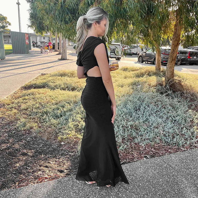 Elegant Dresses - Sexy Sleeveless Hollow Out Pleated Patchwork Maxi Dress For Women High Waist Off-shoulder Slim Club Party Long Dress