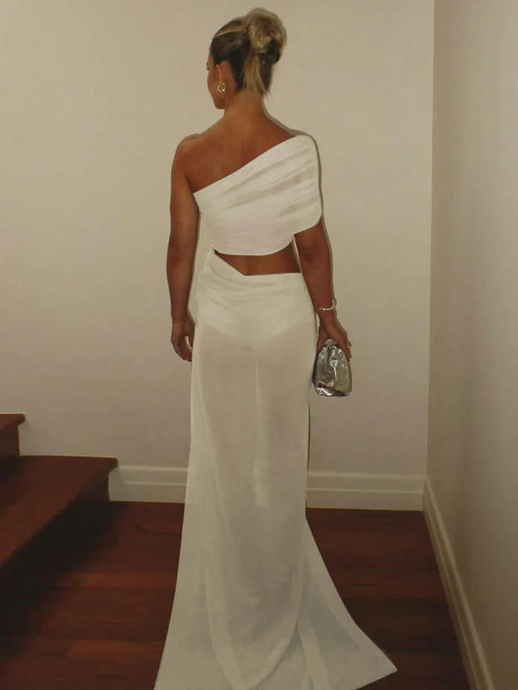 Party Dresses - Mesh Hollow Out Backless Sexy Maxi Dress For Women Fashion One Sleeveless See Through Ruched Bodycon Club Long Dress