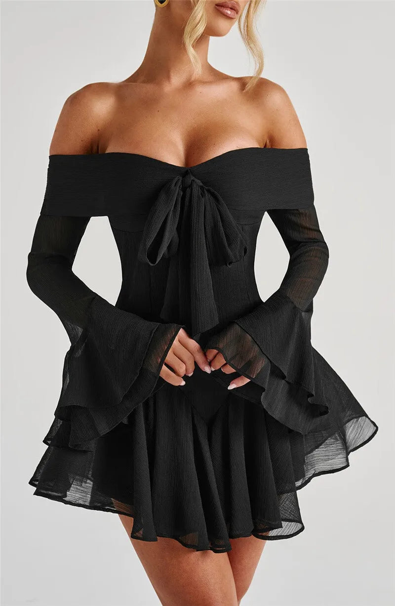 Party Dresses - Strapless Long Flare Sleeve Sexy Mini Dress For Women Robe Off-shoulder Backless High Waist A-line Club Party Dress