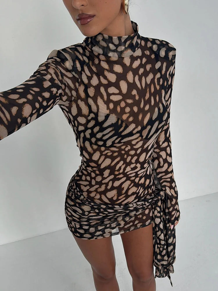 See-through Dresses - Mesh Leopard Print Sexy Mini Dress For Women Robe Fashion Turtleneck Draped Ruched High Waist Club Dress Vestido