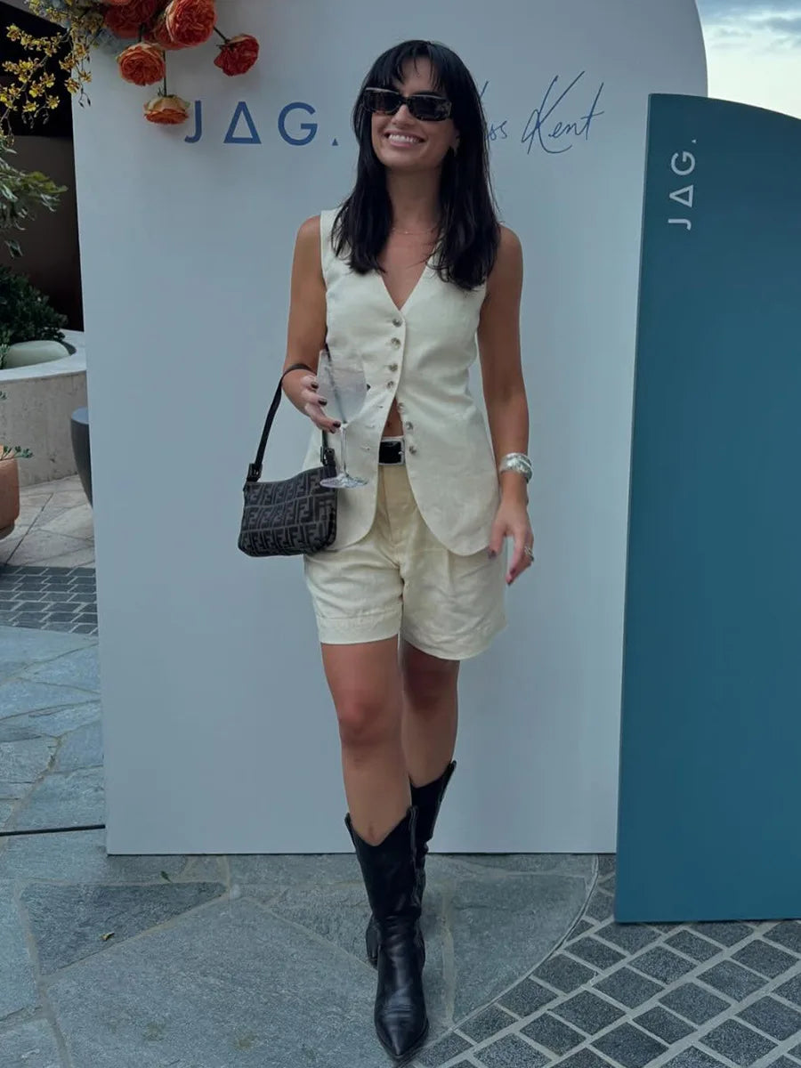 Shorts Sets - Cotton And linen Chic Casual Vest Shorts Set Women's Summer New Fashion Commuter Sleeveless Tank Top Shorts Suits