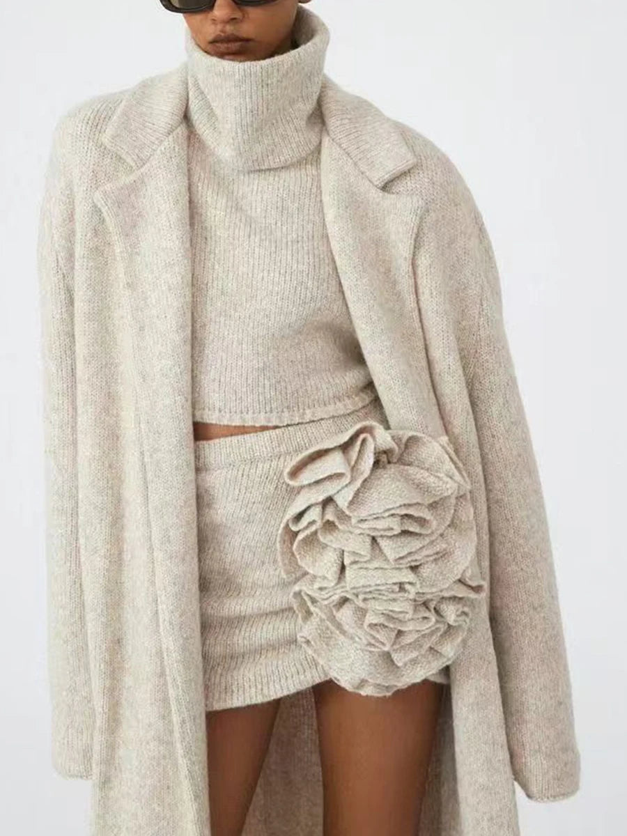 Knitwear - TWOTWINSTYLE Three Piece Set For Women Lapel Long Sleeve Coat High Neck Vest High Waist Patchwork Appliques Skirt Sets Female