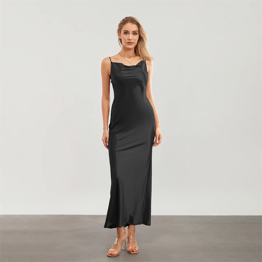 Satin Dresses - Backless Spaghetti Straps Party Long Dresses 2024 New Evening Gown Satin Vestidos Women's Cowl Neck Slip Wrap Dress