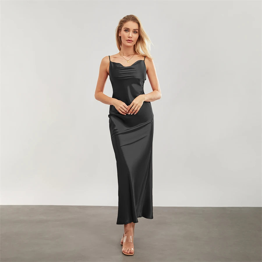 Satin Dresses - Backless Spaghetti Straps Party Long Dresses 2024 New Evening Gown Satin Vestidos Women's Cowl Neck Slip Wrap Dress