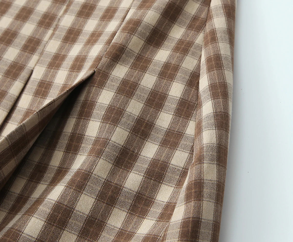 Skirts set - TRAFZA Women 2 Piece Set Elegant Plaid O-Neck Single Breasted Pocket Decorate Vest Top+Chic Zipper Pleated Slim Mini Culottes