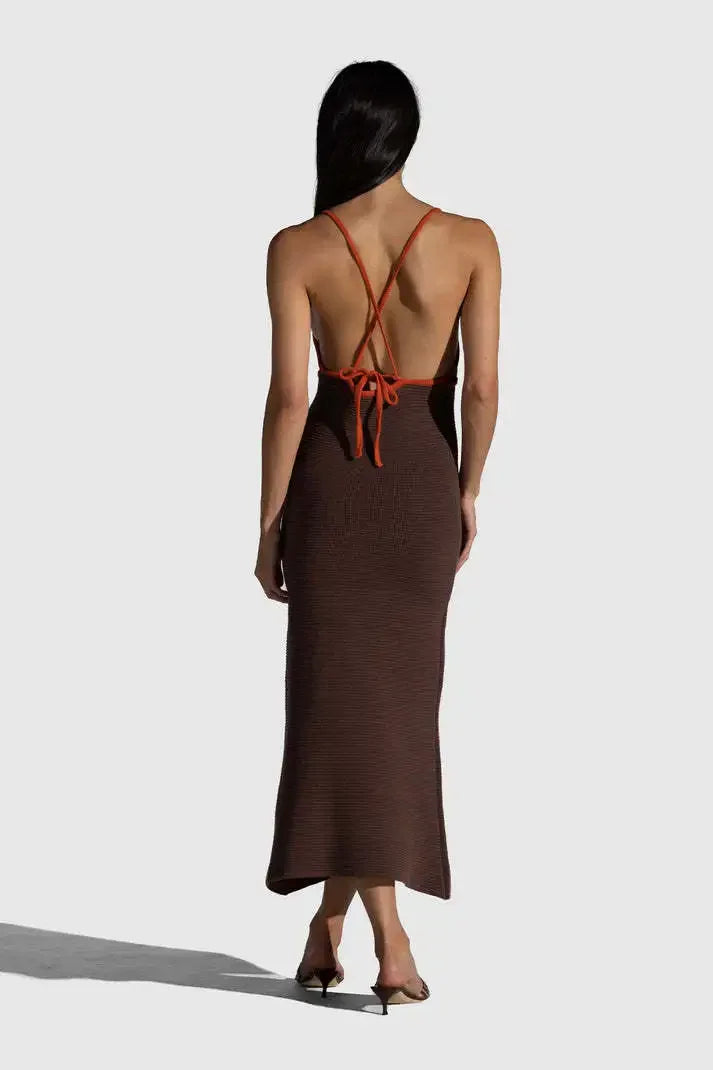 Vacation Dresses - 2024 Summer New Knitted Halterneck with Suspenders V-neck Sexy Backless Fashion Flower Print Slim Dress