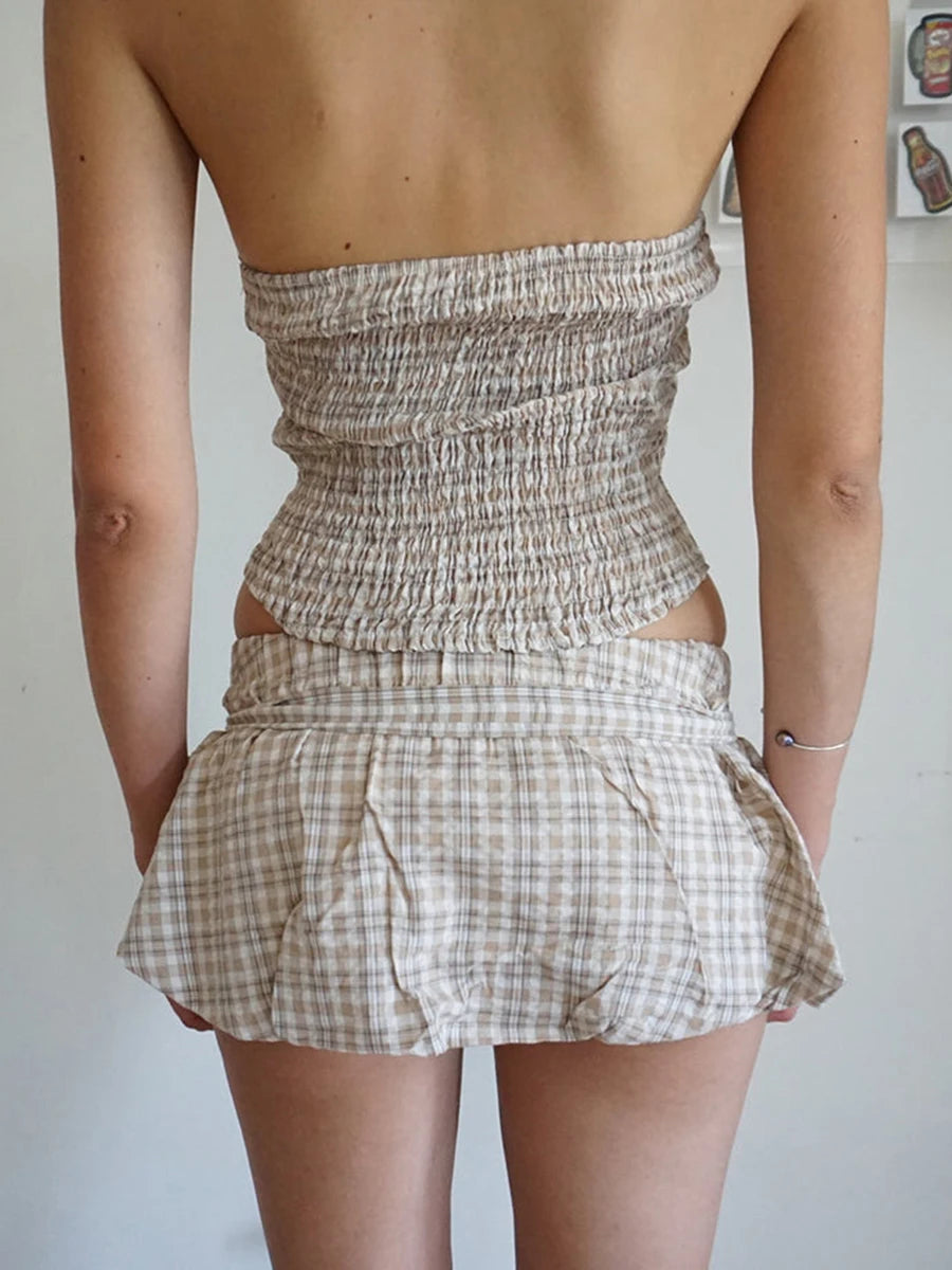 Casual Outfits - Women Y2K 2 Piece Bubble Skirt Outfit Set Off the Shoulder Plaid Halter Tank Top and Puff Mini Skirt with Belt Party Clubwear