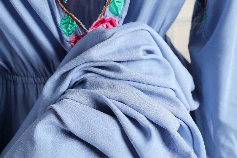 Kaftans - Jastie Embroidered Women Maxi Dress V-Neck Batwing Sleeve Loose Oversize Summer Dresses Drawstring Waist Boho Beach Vestidos