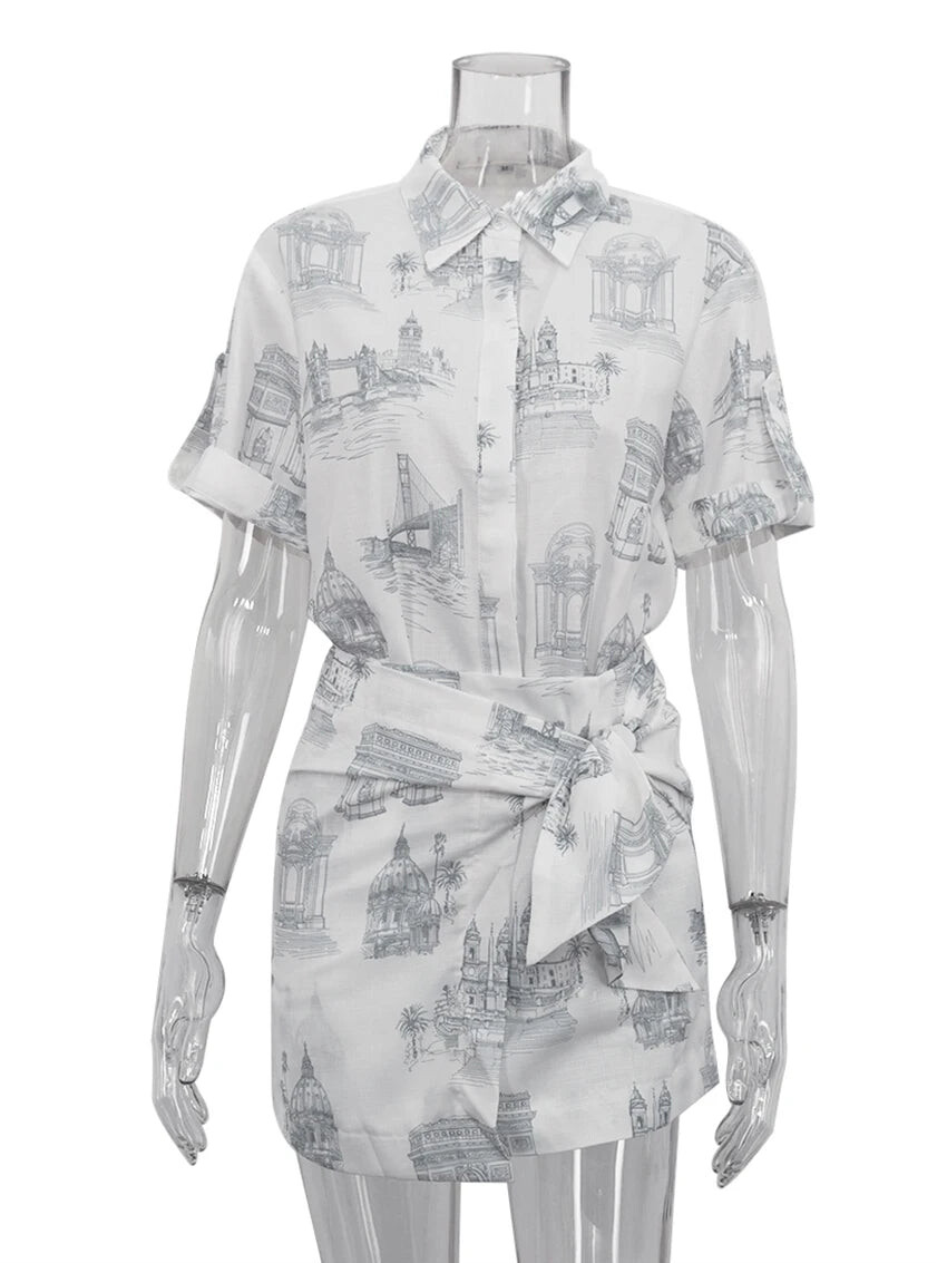 Skirt Sets - Summer Loose Print 2 Piece Sets Women Outfit 2024 Elegant Short Sleeve Shirt With High Waist Lace-Up Mini Skirts Set