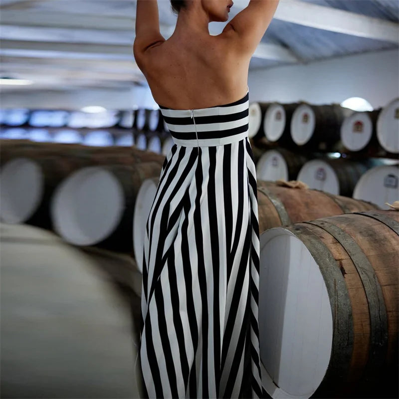 Strapless Dresses - Tube Dress for Women y2k Summer Striped Print Off Shoulder Strapless Sleeveless A Line Long Dress Beach Party Dresses