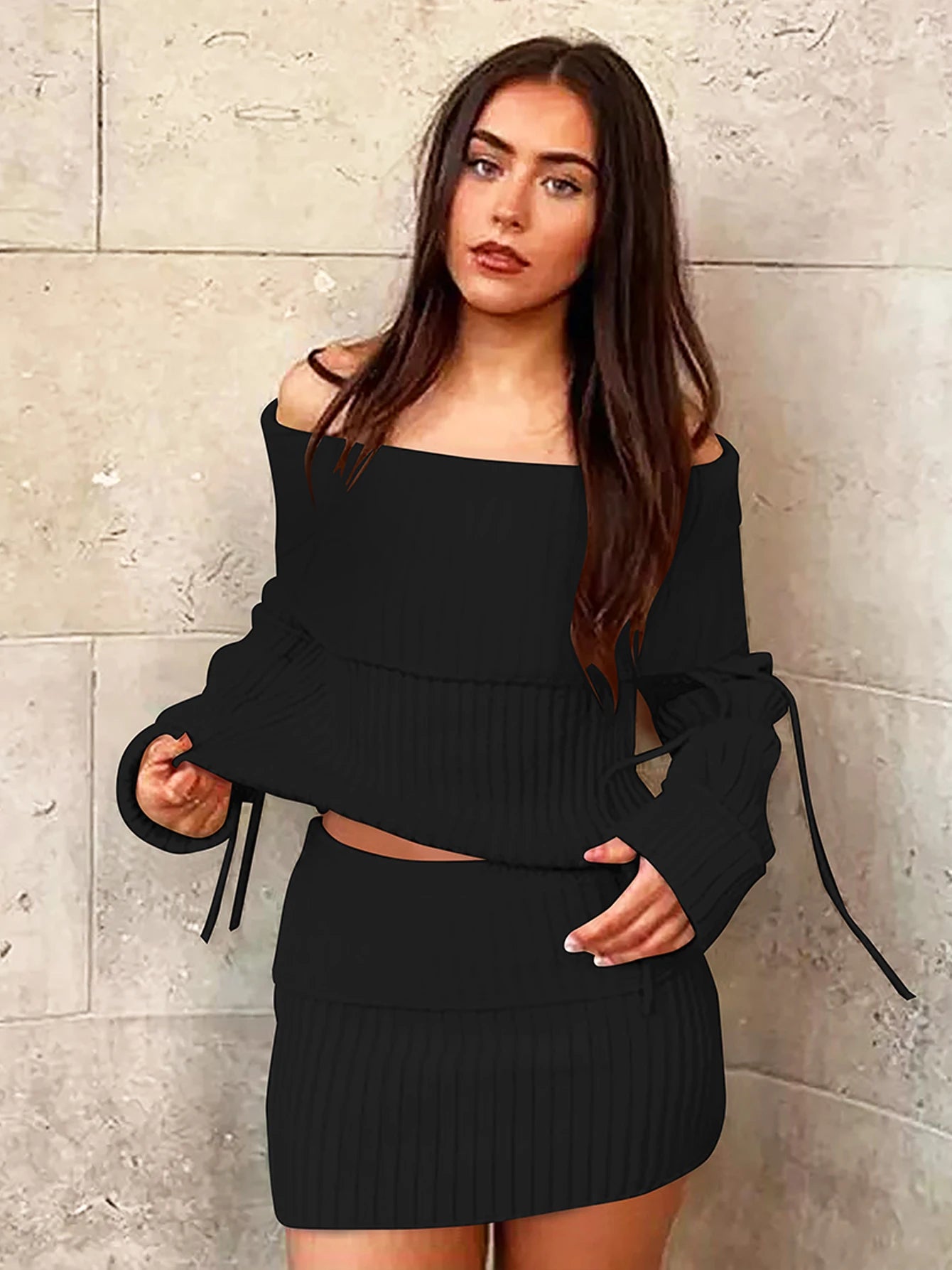 Matching Sets - Dulzura Ribbed Sexy Elegant 2 Piece Skirt Set Off Shoulder Long Sleeve Lace Up Top Mini Skirt Matching Set Party Club Streetwear