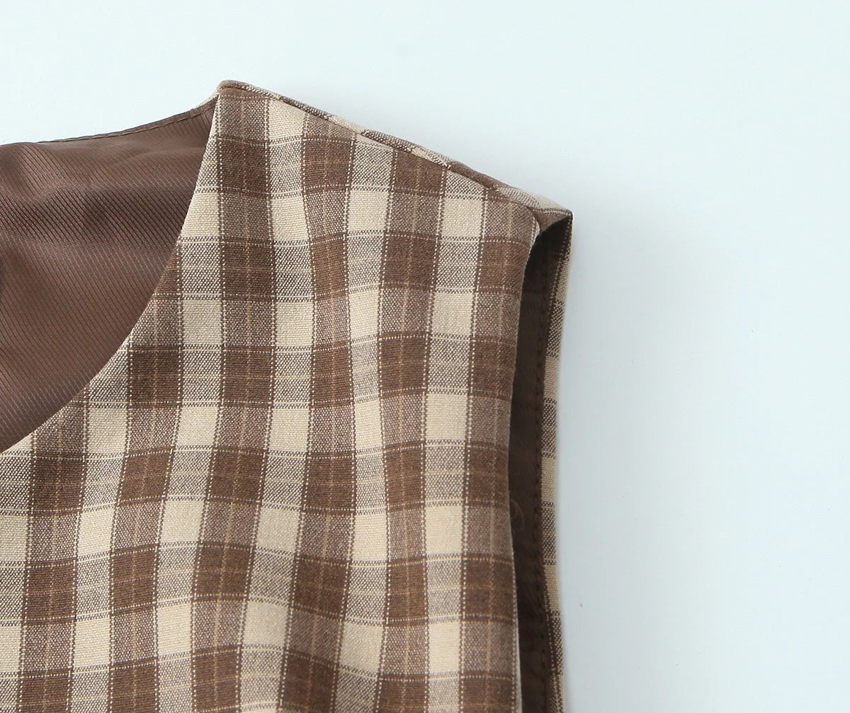 Skirts set - TRAFZA Women 2 Piece Set Elegant Plaid O-Neck Single Breasted Pocket Decorate Vest Top+Chic Zipper Pleated Slim Mini Culottes