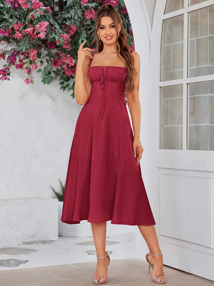 Cami Dresses - Summer Sweet Solid Sleeveless Long Dress Women Fashion Bandage Camisole Dresses Padded Boned Robe Elegant Party Vestidos