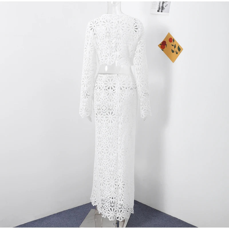 Matching Sets - Elegant See Through Crochet Top Women Set Hallow Out Flare Long Sleeve Top Slim Empire Hip Package Skirts 2025 Summer Lady Set
