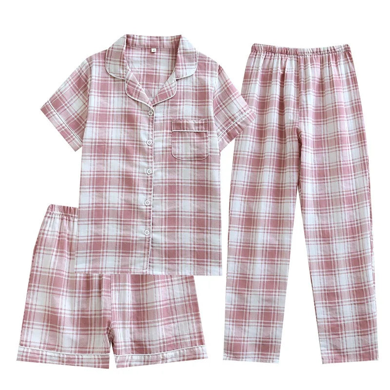 Pajamas - 100% Cotton Women's pajamas Summer Pajama Set Loose-fit Short Sleeve Shorts Trousers Three-piece Thin Homewear