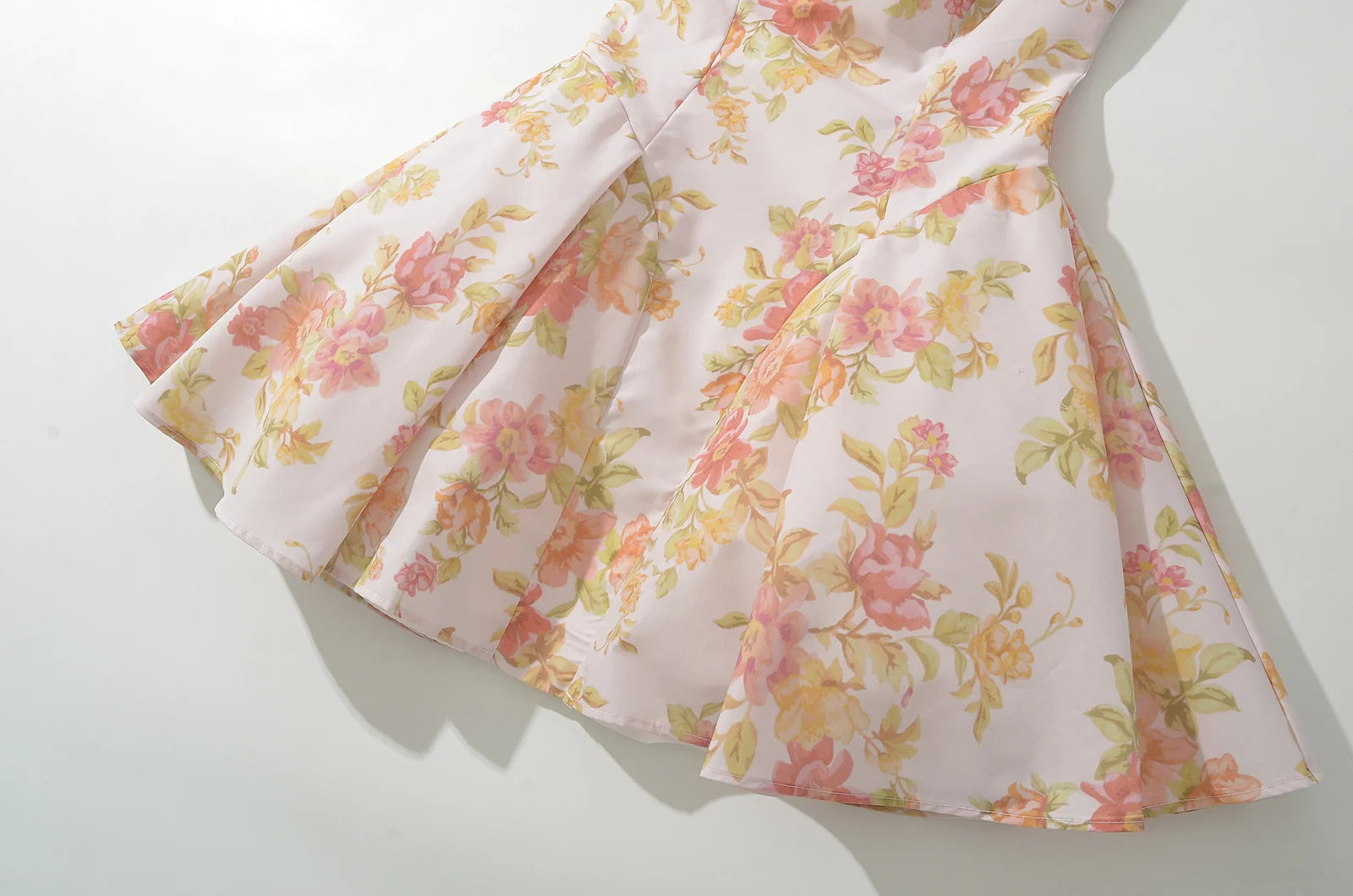 Fit and Flare Dresses - Sexy Pink Flower Print V Collar Sling Dress Women Corset Style Low Waist Folds Hem Ball Gown Swing Mini Tank Robe